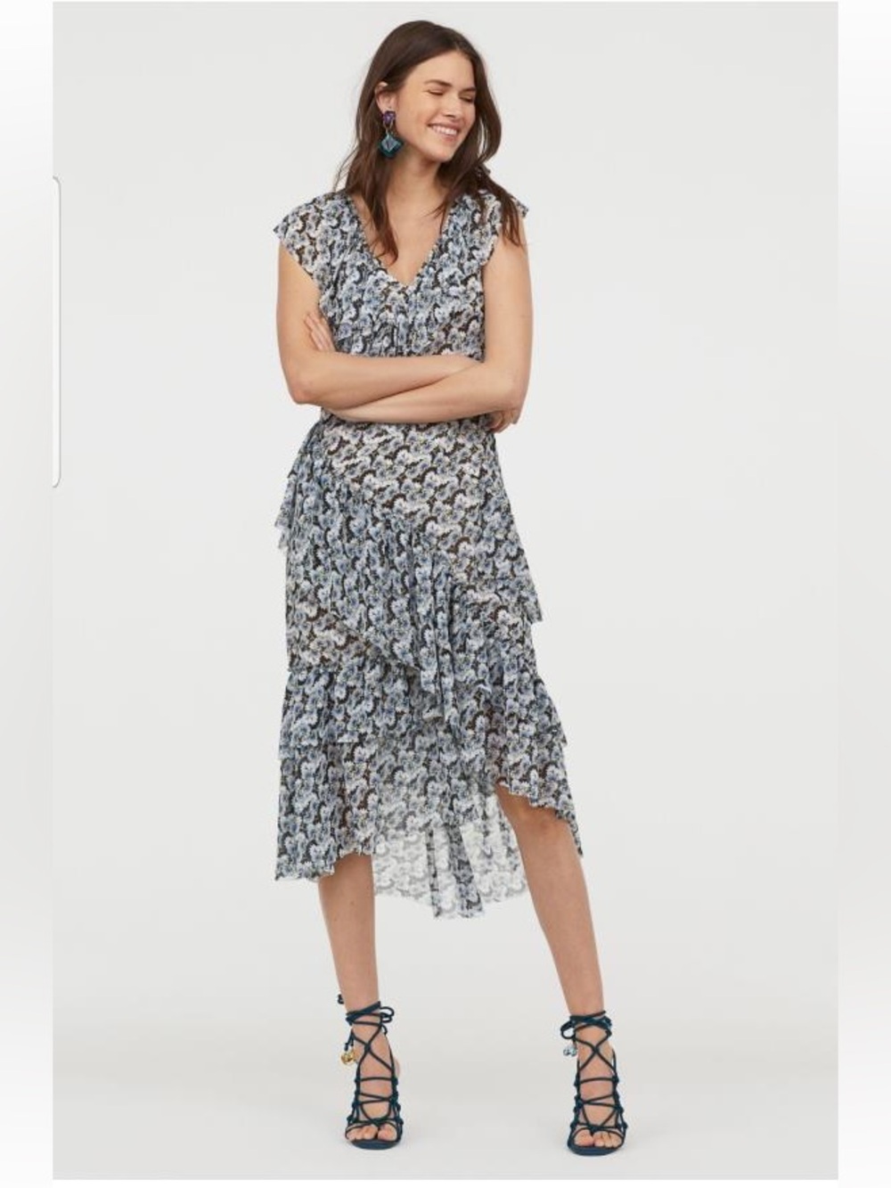H&M Conscious Flounced Dress Floral Feminine Lightweight Chiffon Midi Size 4